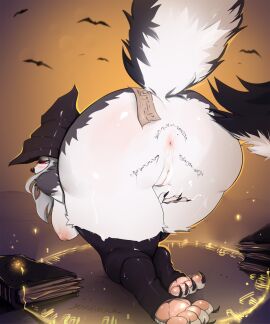 anthro anus ass ass_focus big_ass big_butt bodily_fluids body_writing book breasts butt_focus canid canid_demon canine clothing demon female fur genital_fluids genitals grey_body grey_fur grey_hair hair hat headgear headwear hellhound helluva_boss hi_res legwear looking_at_viewer looking_back looking_back_at_viewer loona_(helluva_boss) magic magic_circle magic_user mammal markings mole_(marking) mythological_canine mythological_creature mythology paws presenting presenting_anus presenting_hindquarters pussy pussy_juice_string red_eyes ritual solo stockings thick_thighs vaginal_fluids white_body white_sclera witch witch_hat yokaiduck