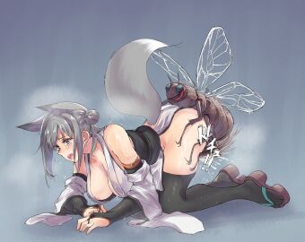 1girls ass big_breasts black_legwear black_thighhighs blush breasts clothing cum cum_in_pussy cum_inside female fox_ears fox_tail from_behind insect insectophilia interspecies japanese_text long_hair male open_mouth penetration penis pussy sawaya_(mizukazu) size_difference spread_legs tears thighhighs vaginal_penetration wide_eyed wide_hips zoophilia