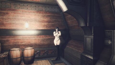 3d artist_request big_penis crown erection final_fantasy final_fantasy_xiv futanari gpose_(ffxiv) hugging_self humanoid humanoid_penis intersex nude penis roegadyn_futa ship sitting_on_barrel solo source_request thigh_boots