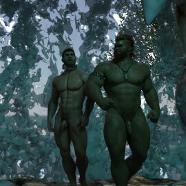 1human 1orc 2boys 3d 3d_(artwork) 3d_model dim_lighting dim_room flaccid flaccid_penis friends friendship ginger ginger_hair green_eyes human male male_only naked naked_male nude nude_male oc orc orc_male original original_characters penis red_hair slave_collar waterfall wereorc_(artist)