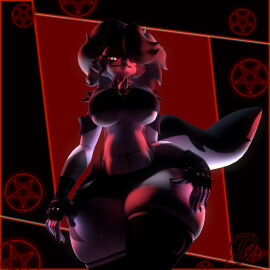 1:1 1girls 3d_(artwork) absurd_res anthro big_breasts black_bottomwear black_clothing black_gloves black_handwear black_legwear black_shorts black_thigh_highs bottomwear breasts canid canid_demon canine clothing collar crop_top darkytherabbit demon digital_media_(artwork) facial_piercing female fingerless_gloves furry gloves glowing glowing_eyes grey_clothing grey_shirt grey_topwear hair hair_over_eye hand_on_leg hand_on_own_leg hand_on_own_thigh hand_on_thigh handwear hellhound helluva_boss hi_res legwear lip_piercing long_hair looking_at_viewer looking_down looking_down_at_viewer loona_(helluva_boss) low-angle_view mammal midriff mythological_canine mythological_creature mythology occult_symbol pentagram piercing red_sclera sharp_teeth shirt shorts skindentation solo spiked_collar spikes symbol tail teeth thick_thighs thigh_highs topwear under_boob watermark wide_hips wolf wolf_girl