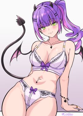 absurdres black_nails blunt_bangs bracelet breasts closed_mouth colored_inner_hair commentary coubalty demon_girl demon_horns demon_tail demon_wings drill_hair drill_ponytail earrings english_commentary female green_eyes hair_ornament hairclip highres hololive horns jewelry large_breasts long_hair looking_at_viewer mini_wings multicolored_hair nail_polish navel navel_piercing necklace parallel_hairclips piercing pink_hair pointy_ears purple_hair ring side_ponytail simple_background smile solo stomach streaked_hair tail tail_ornament tail_piercing thigh_gap tokoyami_towa virtual_youtuber wings
