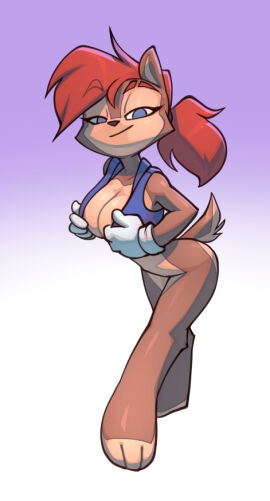 1girls anthro archie_comics bigdad biped bottomless breasts brown_body brown_fur clothed clothing female fur furry hair looking_at_viewer mammal ponytail red_hair rodent sally_acorn sciurid sega simple_background solo sonic_(series) sonic_the_hedgehog_(archie) sonic_the_hedgehog_(comics) sonic_the_hedgehog_(series) squirrel tail