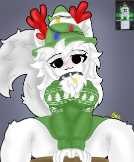 1girls artist_signature black_collar blush breasts chez-arts christmas_lights commission female fluff fluffy_tail furry green_sweater large_breasts original_character red_antlers reference_image roblox roblox_avatar robloxian self_upload sitting tagme thick_thighs traffic_cone white_ears white_fur white_hair
