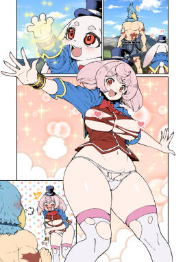 1boy 1girls amano_jack anus avian big_breasts blush bracelet breasts camel_toe cameltoe censored censored_nipples clothing cloud clouds comic day duo embarrassed emul_(shangri-la_frontier) eyelashes female feral feral_to_human fur hair hat headgear headwear heart_censor heart_symbol human human_focus humanoid jewelry legwear male mammal mountain muscular outdoors outside panties pantsu pink_hair pussy red_eyes shangri-la_frontier shirt short_hair sky smile species_transformation sunraku tail thick_thighs topwear torn_clothing torn_legwear torn_panties torn_shirt torn_topwear torn_underwear transformation underwear white_body white_fur wide_hips