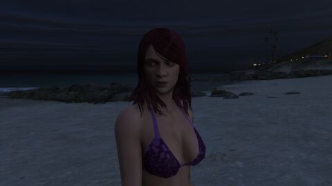 3d absurd_res absurdres artist_request beach bikini_top brown_hair cleavage clothed_female disinterested edited_screencap emotionless emotionless_female erect_nipples expressionless game_screenshot grand_theft_auto grand_theft_auto_online grand_theft_auto_v huge_breasts huge_tits indifference indifferent long_hair los_santos nameless_character navel night_sky npc oblivious_sexualization ocean purple_bikini_top rockstar_editor rockstar_games source_request standing summer unbothered uncaring uncaring_female unnamed_character