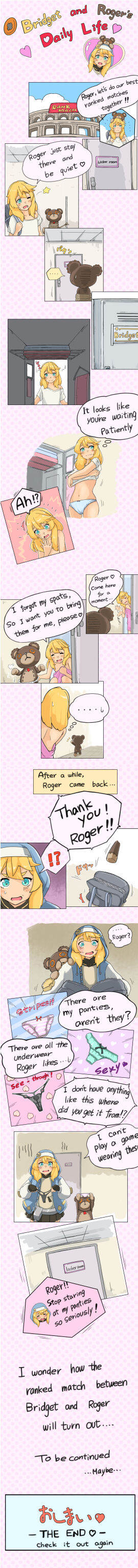 1girls backpack black_panties blonde_hair blush bridget changing_room closed_eyes comic dialogue embarrassed english_text female fully_clothed funny g-string green_eyes guilty_gear guilty_gear_strive hoodie humor lace-trimmed_panties lace_trim locker_room long_hair male nervous nervous_smile panties partially_clothed rn roger_(guilty_gear) shirt_lift sitting sound_effects speech_bubble standing striped_panties stuffed_animal sugag sweatdrop tears teddy_bear thong tied_up towel towel_only trans_woman transfem translated undressing white_panties white_shirt