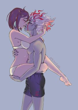 1boy 1girls ass ass_grab ayase_momo bra cuddling dandadan feet female glasses kissing male takakura_ken_(okarun) takakura_ken_(okarun)_(transformed) the_lord_of_spirits transformation underwear wholesome