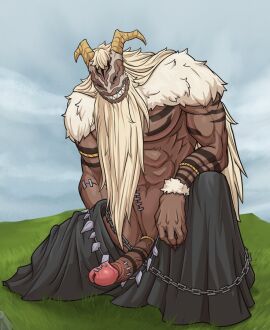 abs beaf biceps brown_body chains clothed clothing cloud demon facial_hair frieren_beyond_journey's_end genitals goatee grass hair horn humanoid ineffective_clothing long_hair male male_only muscular obliques pecs penis plant qual_(sousou_no_frieren) sky solo sousou_no_frieren surgical_suture tattoo toothy_grin topless vein veiny_penis