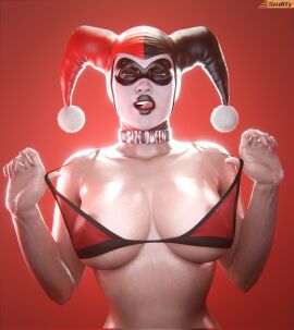 1girls 3d areolae areolae_slip artist_name bare_shoulders batman:_arkham_knight batman_(series) big_breasts bikini bikini_top bikini_top_pull black_lipstick black_mask blue_eyes breasts clothes_pull collarbone curvaceous curvy curvy_female curvy_figure dc dc_comics domino_mask english_text facepaint female female_only harley_quinn harley_quinn_(classic) harley_quinn_(injustice) hourglass_figure injustice_2 jester_cap large_breasts licking licking_lips licking_own_lips light-skinned_female light_skin lipstick looking_at_viewer makeup masked masked_female mature_female nail_polish narrow_waist nipple_piercing nipples open_mouth piercing pink_nails pulled_by_self pulling_bikini_string pulling_own_clothes red_bikini_top see-through simple_background slim_waist slut_collar smitty34 solo swimsuit text text_on_collar thick_lips upper_body white_facepaint