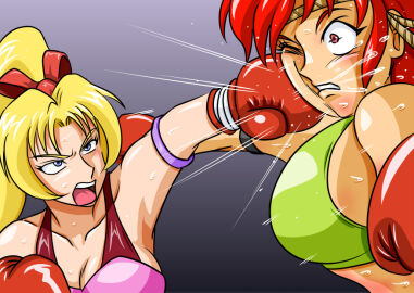 2girls ayane's_high_kick ayane_mitsui belly belly_punch big_breasts blonde_hair boxing_gloves breasts catfight colored doujin doujinshi duo female female_focus female_only fight fist gloves large_boobs large_breasts multiple_females multiple_girls red_boxing_gloves red_eyes red_gloves red_hair ryona sakurako_miyagawa