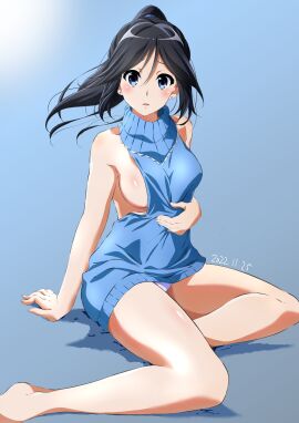 bare_arms bare_legs bare_shoulders bare_thighs barefoot black_hair blue_dress blue_eyes blue_sweater blush body_blush breasts clothes_pull ear_piercing feet female hibike!_euphonium kasaki_nozomi long_hair medium_breasts open_mouth panties pantyshot ponytail shiny_skin sideboob sweater thighs tsujimura_ayumu virgin_killer_sweater white_panties