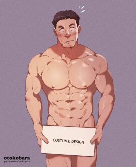 1boy bara blush brown_hair covering_crotch humiliation john_cena male male_focus male_nipples male_only muscles muscular muscular_arms muscular_male nipples oscars_(ceremony) otokobara public public_nudity real_person solo solo_focus solo_male yaoi