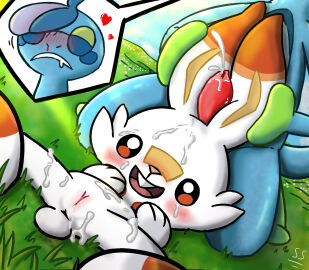 amphibian blush bodily_fluids cum cum_on_body drizzile duo earjob ejaculation female feral front_view generation_8_pokemon genital_fluids genitals grass_field happy heart_symbol hi_res kneeling lagomorph leporid lying male male/female mammal nintendo nosebleed on_back penis pokemon pokemon_(species) pussy rabbit salamander scorbunny smile spread_legs spreading ssaammeett_(artist)