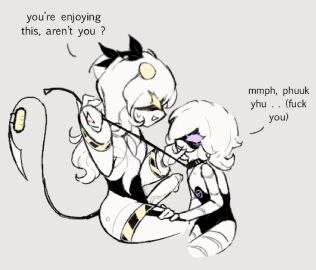 2d 2girls anonymous_artist beautiful dialogue english_dialogue english_text female femdom futa_on_female futadom futanari humanoid intersex j_(murder_drones) leash murder_drones penis robot robot_girl robot_humanoid screen_face tagme talking text uzi_(murder_drones)