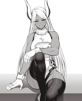 1girls abs bare_arms bare_shoulders big_breasts blush breasts bunny_ears bunny_girl clothed clothing dark-skinned_female dark_skin female female_focus female_only fit fit_female hero_outfit_(mha) hi_res large_breasts long_hair looking_at_viewer miruko muscles muscular muscular_female my_hero_academia rumi_usagiyama sitting solo solo_female speedl00ver stockings superheroine tagme thick_thighs white_hair