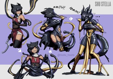 breast_growth breasts dissolving_clothes female horn_growth human_to_anthro latex latex_clothing latex_gloves latex_thighhighs latex_transformation medium_breasts mtf_transformation muffled shu_stella struggling transformation