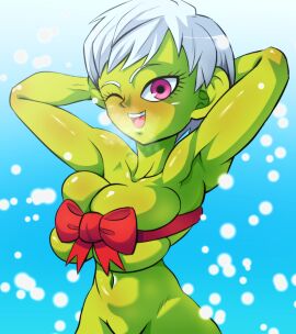 bigduck breasts cheelai compressed_breasts curvy curvy_body curvy_female curvy_figure dragon_ball dragon_ball_super female gifting_self green_body green_skin short_hair squeezing_breast tagme white_hair