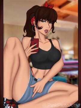 1girls 2d 2d_(artwork) alternate_version_available brown_hair camila_(summertime_saga) camila_martinez_(summertime_saga) clothed clothing covering_crotch digital_drawing_(artwork) digital_media_(artwork) earrings female female_focus female_only hispanic hispanic_female holding_phone jean_shorts latina latina_female light-skinned_female light_skin martinez_(summertime_saga) middle_finger mirror mirror_selfie overing phone pinkplutoart ponytail pose posing selfie selfie_pose shirt shorts solo solo_focus summertime_saga tank_top teenage_female teenager textless textless_version thick_thighs watermark