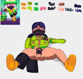 anus anyalopa black_eyes blue_hair brawl_stars colored cuttlefish_jacky_(brawl_stars) female female_only fingers_in_pussy glasses gloves green_clothing hand_on_pussy highres jacky_(brawl_stars) lies mask masturbation pussy redraw tinted_eyewear
