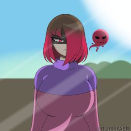 akumu_(glitchtale) bete_noire betty_noire big_breasts breasts bright brown_hair female glitchtale ishikin@2020 mad_face not_porn pink_sweater purple_sweater red_eyes red_hair short_hair sky slime sun undertale undertale_(series)