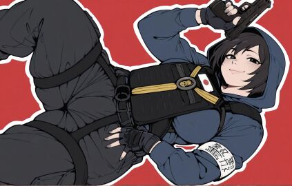 1girls ai_assisted artist_request big_breasts black_eyes black_hair breasts civitai female fully_clothed gun hibana_(rainbow_six) highres looking_at_viewer pistol rainbow_six rainbow_six_siege sketch_page tactical_gear thick_thighs