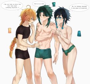 aether_(genshin_impact) bana_gameg blue_hair body_type boy braid braided_ponytail crop_top gay genshin_impact green_hair male male_only midriff navel nervous nipples ribs shy skinny tattoo teasing text twink underwear venti_(genshin_impact) xiao_(genshin_impact) yellow_hair