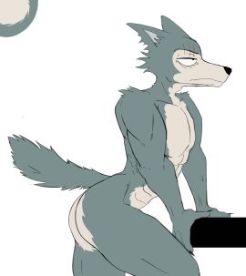 anthro ass beastars camberally canid canine canis furry hands_on_table legoshi_(beastars) looking_into_the_distance male naked nude solo white_background wolf