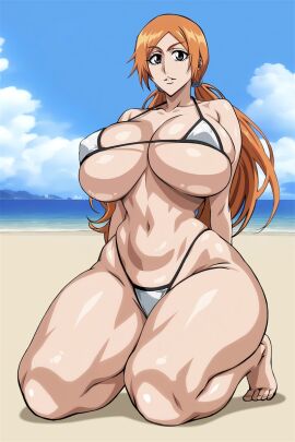 1girls bare_legs beach big_breasts bleach blue_sky breasts cleavage female grey_eyes inoue_orihime milf ocean on_knees orange_hair underboob yxyyxy