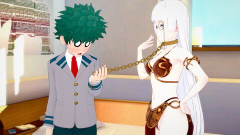 1boy 1girls 3d 3d_model 3d_render bare_arms bare_legs bare_midriff bare_shoulders bare_thighs bedroom bedroom_background bedroom_setting belly_button bikini bikini_top blue_eyes blush blushing_face boku_no_hero_academia books bra bracelet breasts brown_bikini brown_bikini_top brown_bra chain_leash chained_collar chained_up chains collar crossover crossover_cosplay curtains curtains_open face_freckles female freckles freckles_on_face gold_(metal) gold_bracelets gold_buttons gold_collar gold_jewelry golden_bracelets golden_collar green_hair grey_jacket interi_saiko izuku_midoriya leash leash_and_collar leash_pull leashed_collar loincloth long_hair male may_the_4th_be_with_you meta2012 midoriya_izuku midriff monocle my_hero_academia navel pussy pussy_peek red_loincloth red_tie saiko_intelli short_hair slave slave_bikini slave_collar slave_girl slave_leia_(cosplay) slave_outfit small_boobs small_breasts star_wars straight white-skinned_female white_hair white_shirt white_skin white_skinned_female window