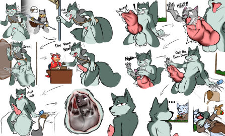 ambiguous_fluids animal_genitalia anthro arctic_fox balls balls_bulge bodily_fluids bounty_hunter breath canid canine canis chiri_kasamiru cock_vore cum escaping fox genital_fluids genitals group hi_res inside_balls internal isari_(kasamiru) kasamiru kick knot male male/male mammal panting penile penis precum regret resisting sheath size_difference struggling trio true_fox urethral vore warino_(kasamiru) wolf