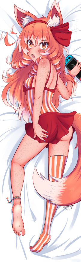 1girls anklet back_view blush bow brown_eyes clothed dakimakura dakimakura_design feet female female_only fox_ears fox_girl fox_tail freckles long_hair looking_at_viewer looking_back nail_polish on_bed original original_character poppytart red_hair single_thighhigh skirt snaggle_tooth solo switch_console thighs tira_(poppytart)