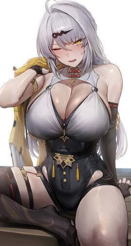 1girls absurdres asymmetrical_gloves bare_shoulders black_gloves black_shorts black_thighhighs blush breasts cleavage collar duplicate elbow_gloves female gloves grey_hair high-waist_shorts highres holding holding_jacket holding_unworn_clothes huge_breasts jacket looking_at_viewer mole mole_on_breast monegi no_shoes one_eye_closed pixel-perfect_duplicate shirt shorts simple_background single_elbow_glove single_hair_intake single_thighhigh solo sweat thighhighs thighs uneven_gloves unworn_jacket white_background white_collar white_shirt yellow_eyes yellow_jacket yixuan_(zenless_zone_zero) zenless_zone_zero