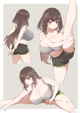1girls ass belly_button big_ass breasts brown_hair cleavage crop_top female female_only glassy0302 huge_breasts large_breasts leg_up light-skinned_female light_skin long_hair original ponytail purple_eyes shorts solo sports_bra usum_(glassy0302)