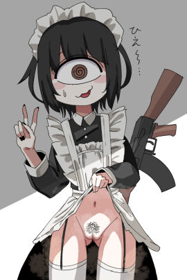 1_eye @_@ ak-47 akmymz apron ass_visible_through_thighs assault_rifle black_dress black_hair black_nails blush_stickers brown_eyes censored clothes_lift collared_dress cowboy_shot cyclops dress dress_lift female female_pubic_hair garter_straps gun kalashnikov_rifle lifting_own_clothes long_sleeves looking_at_viewer maid maid_apron maid_headdress mosaic_censoring nervous_smile no_panties open_mouth original pubic_hair pussy rifle smile sweatdrop thigh_gap thighhighs v weapon weapon_behind_back white_apron white_thighhighs