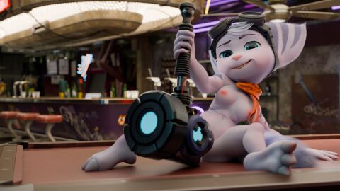 1girls 3d anthro bar billiard_table breasts convenient_censoring digital_media_(artwork) ear_piercing ear_ring eyewear eyewear_on_head feet female furniture goggles goggles_on_head hammer hi_res lombax looking_at_viewer mammal murrajfur nipples nude piercing ratchet_and_clank ring_piercing rivet_(ratchet_and_clank) scarf sitting solo sony_corporation sony_interactive_entertainment spread_legs spreading table teasing teasing_viewer tools