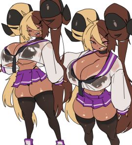 1girls aife_(zanamaoria) big_breasts big_horns blonde_hair bra_visible_through_clothes breasts brown_hair choker curved_horns dark-skinned_female dark_skin demon female female_only flat_colors gyaru hair_on_horn hi_res horns long_hair looking_at_viewer miniskirt narrowed_eyes original original_character pink_eyes smiling smiling_at_viewer smirk solo stockings succubus tanline thick_thighs thong_above_skirt transparent_clothing two-tone_hair white_background zanamaoria