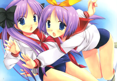 2girls blue_eyes blush female kagami_hiiragi lavender_hair lucky_star miyasu_risa no_skirt open_mouth ryouou_school_uniform short_hair sisters swimsuit tagme tsukasa_hiiragi twins very_long_hair