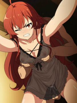 1boy 1girls amber_eyes areolae arm_support bondage breast_grab breasts censored cum cum_in_pussy cum_inside eris_greyrat female female_focus female_pubic_hair from_behind grabbing_another's_breast grabbing_from_behind light-skinned_female light_skin male mushoku_tensei negligee nipples pajamas pink_nipples pubic_hair pussy red_hair salmon_knight see-through see-through_clothing sex vaginal_penetration