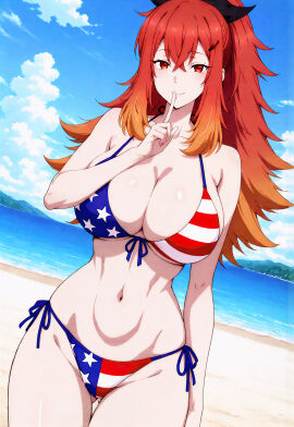 1girls ai_generated american_flag_bikini beach beachside bikini female female_focus hi_res high_resolution katainaka_no_ossan_kensei_ni_naru looking_at_viewer orange_hair solo solo_female surena_lysandra upscaled
