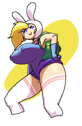 1girls adventure_time backpack bag below_view blonde_female blonde_hair blue_eyes blue_shirt breasts bunny_ears bunny_hood clothing female fionna_the_human_girl from_below from_below_view headwear human large_breasts leebongchun lips nipple_bulge nipples nipples_visible_through_clothing pale_skin red_lipstick short_shorts shorts solo thighhighs thighs