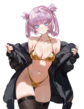 1girls 2024 :) aqua_eyes bare_shoulders bikini bikini_bottom bikini_top black_legwear black_nails black_stockings breasts call_of_the_night chest cleavage coat collar cute female female_only foolish_potato golden_bikini highres hips legwear light-skinned_female light_blush light_skin lingerie looking_at_viewer nail_polish nails nanakusa_nazuna navel off_shoulder open_coat pink_hair presenting showing_off smile smiling solo stockings thick_thighs thigh_gap thighhighs thighs tied_hair underwear waist white_background yofukashi_no_uta