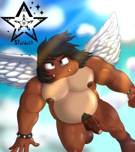 5_fingers absurd_res accessory anthro balls bara belly biped black_hair boots bracelet brown_body darkened_genitalia fafnir_stardust_(artist) fan_character fangs feathered_wings feathers fingers flaccid foreskin genitals goomba hair hi_res humanoid_genitalia humanoid_penis jewelry long_hair male mario_(series) mario_bros multicolored_body musclegut muscular nintendo nipples paragoomba partially_retracted_foreskin penis pubes retracted_foreskin solo spiked_bracelet spikes teeth two-tone_body uncircumcised vein veiny_penis white_wings wings yaoi