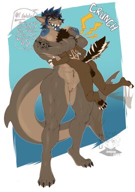 absurd_res anthro arm_tattoo big_breasts black_hair blue_hair blue_nipples blue_tongue breasts bulge claws dialogue dominant dominant_female duo ear_piercing ear_ring english_text facial_piercing female female_anthro fin fish genitals hair head_between_breasts hi_res hug huge_breasts hyu_(hyucaze) hyucaze interspecies larger_female male male/female male_anthro mammal marine moxy_(thepunkshark) muscular muscular_anthro muscular_female nipple_piercing nipples nose_piercing nose_ring piercing pussy ring_piercing shark size_difference smaller_male speech_bubble standing tail tail_fin tattoo text thick_tail toe_claws tongue tongue_out wide_hips