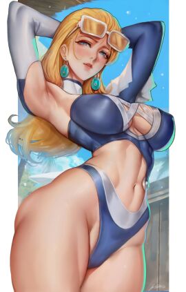 1girls blonde_hair blue_eyes blue_swimsuit cleavage fantastic_four invisible_woman invisible_woman_(azure_shade) invisible_woman_(marvel_rivals) long_hair marvel marvel_comics marvel_rivals milf official_alternate_costume sherylnome sue_storm sunglasses superheroine swimsuit thighs