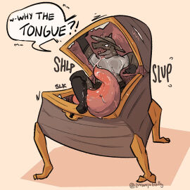 ambiguous_gender anthro blush clothed clothing dialogue duo footwear hat headgear headwear hi_res inside_mouth kobold luvamisguilty mimic mimic_chest scalie simple_background sound_effects speech_bubble tail teeth_showing tongue tongue_out vore