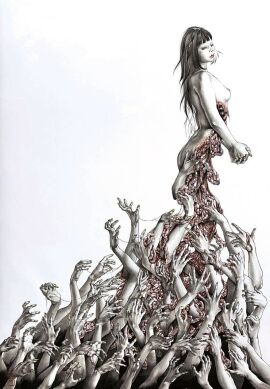 breasts disembodied_hand entrails expressionless female from_side gore guro long_hair meimaro nipples organs original own_hands_together painting_(medium) pale_skin small_breasts solo traditional_media white_background