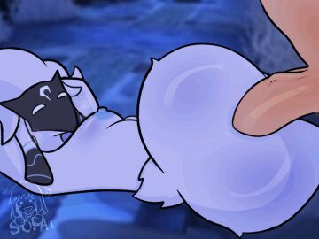 1boy 1girls ambiguous_fluids anal anal_sex animated anon anthro anus ass ass_clapping balls big_ass big_butt big_penis black_ears black_mask blue_anus blue_nipples blurred_background bovid breasts breath caprine digital_media_(artwork) duo enjoying female fur genitals human humanoid_genitalia humanoid_penis kindred lamb_(league_of_legends) league_of_legends male male/female mammal mask nipples nude panting penetration penis plap riot_games sex sheep small_breasts sopa-chan watermark white_body white_eyes white_fur