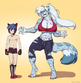 2024 anthro athletic athletic_wear big_breasts big_bulge blue_eyes bottomwear bra breasts bulge clothing collar colored_nails duo felid fur futanari gloves gym_bottomwear gym_shorts hair handwear hi_res hieroglyphics human intersex lapinbeau larger_futa larger_intersex leopard long_hair male mammal markings muscular muscular_futa muscular_intersex nails naughtyjester pantherine pants rikki_landon sharp_teeth shorts signature size_difference smaller_male smile smiling_at_another sports_bra sportswear spots spotted_body spotted_fur teeth tongue tongue_out torn_bottomwear torn_clothing torn_pants trans_woman transfem underwear white_hair