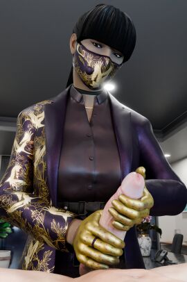 1boy 3d asian asian_female azami_(rainbow_six) black_hair clothed clothed_female_nude_male clothing erection facemask female gloves handjob looking_at_viewer male mask nude nude_male penis ponytail rainbow_six rainbow_six_siege shaddoll_x ubisoft